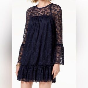 Michael Kors Long Sleeve Lace Ruffle Mini Dress Blue Navy Plus Size 0X- XXL